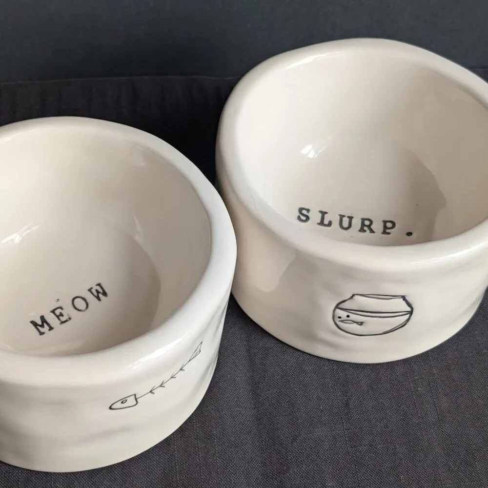 2 Rae Dunn Magenta Boutique Cat Bowls Gold Fish SLURP MEOW Pet Water Food Bowls